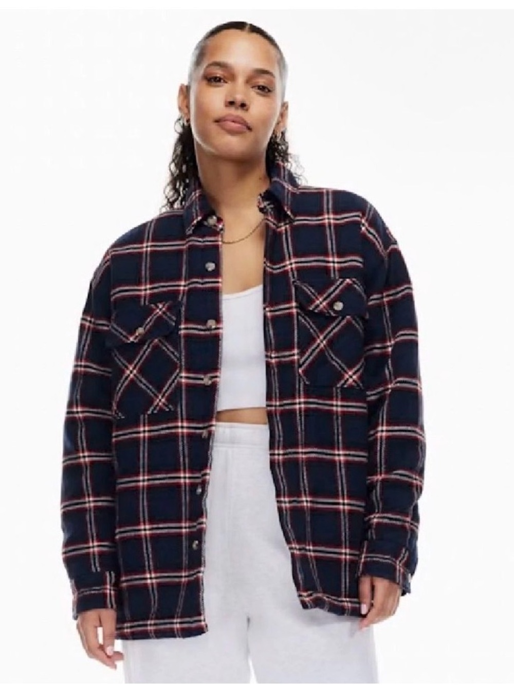 TNA Navy Plaid Button-Up Shacket Red & White Oversized Flannel Over-Jacket